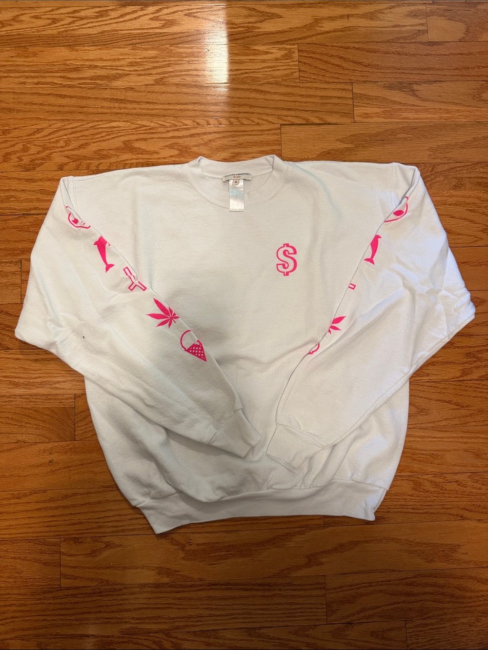Opening Ceremony White Crewneck with Hot Pink Sleeve Graphics